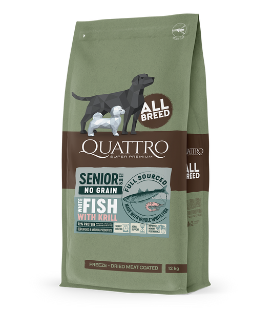 Dog food senior/diet all breed no grain with white fish and krill